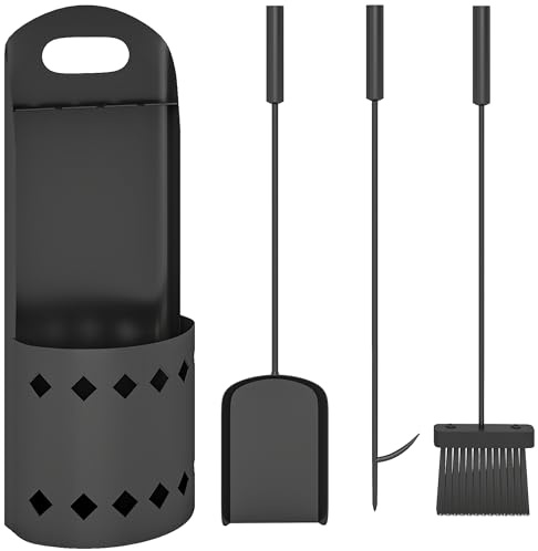 Outsunny Ensemble serviteur de cheminée 4 pièces en métal, ensemble d'outils de cheminée avec balai, pelle, tisonnier et support, noir