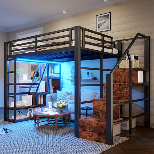 Lcoho Hochbett, 140 x 200 cm, Eisenrahmen, Ablagefach, integrierte Stufen, Schutzgeländer, Leiter, offener Stauraum unter dem Bett, Matratze Nicht im Lieferumfang enthalten (schwarz)