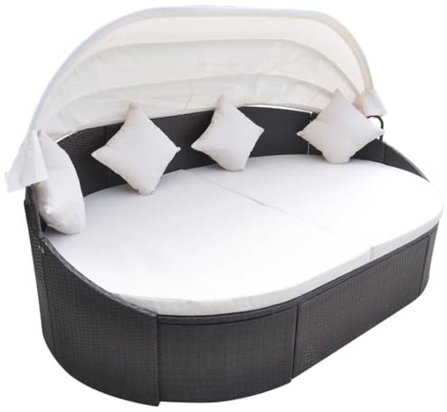 IBUQDDV Outdoor-Loungebett mit Dach aus Poly Rattan in Braun, Gartenliege mit Sonnenschutz und wetterfester PE-Geflecht, Elegante Sonneninsel für Terrasse und Poolbereich,