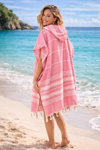 ELY PARKER Strandponcho Damen – 100% Baumwolle Strandtuch & Strandkleid – Pestemal Badeponcho mit Kapuze – Leicht & Schnelltrocknend für Sauna, Strand & Pool Rosa