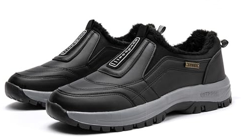 Vinterskor slip-on promenadsneakers med fotvalvstöd herr läder snöstövlar mjuka halkfria skidskor vattentäta med varm fodrad vinterstövel bekväm termisk sko förtjockad snösko sport ankel stövel, Svart