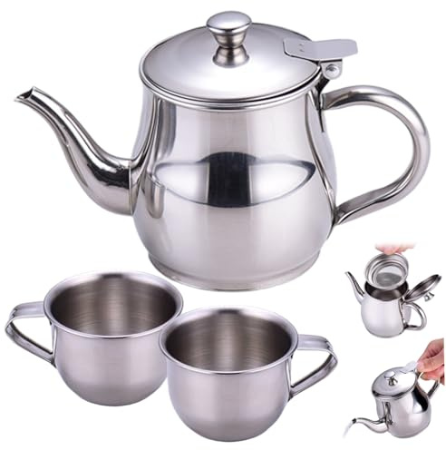 Pineeseatile El Juego de té para niños Incluye Acero Inoxidable portátil de 330 ml para niños, Tetera de Pico Largo con Filtro y 2 Tazas de 70 ml