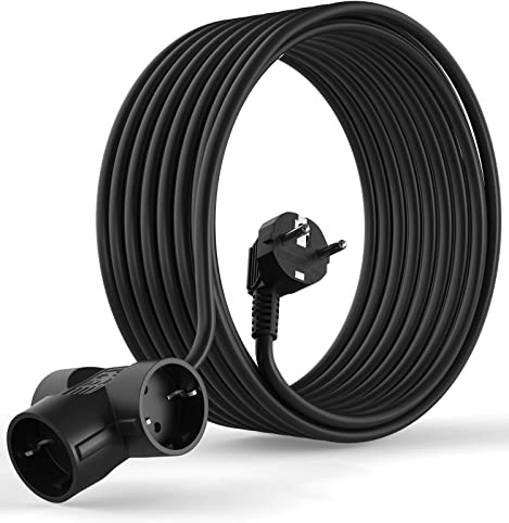 MutecPower 7.5 metri Prolunga con 3 prese Schuko - cavo di prolunga a Spina ad angolo di 90° a 3 vie prolunga elettrica interna IP20 con contatto di protezione - fino a 250V 50Hz 16A - 7.5m nero