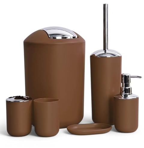 6tlg Badset Badezimmer Zubehör Set Organizer: Seifenspender, Zahnputzbecher, Kosmetikeimer, WC Bürste und Halter, Seifenschale, Mülleimer, Zahnbürstenhalter, Badgarnitur (Braun Design 2)