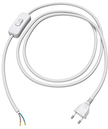 ledscom.de Enchufe europeo tipo C con cable textil, interruptor, 2 m, blanco, 2 x 0,75 mm²