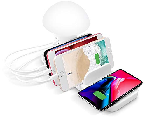 Multiple Function 3 Port USB & Wireless Charger Pad with Mushroom LED Desk Lamp 3.0 Quick Charge Fast Charging Dock Station Stand Holder compatible with iPhone 16 15 14 Pro Max iPad Smartphone Tablet