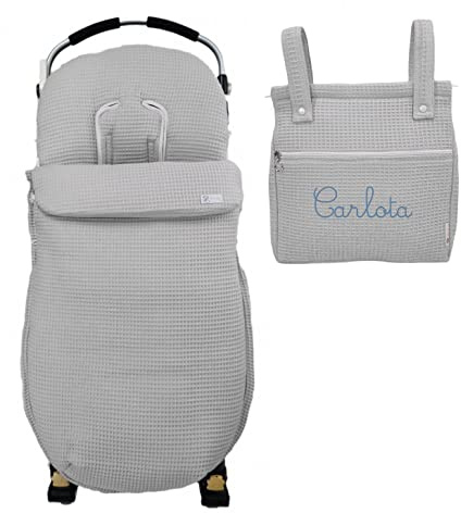 Conjunto Personalizado Saco Silla de paseo Universal + Panera piqué Gofre – Conjunto Saco Universal + Talega con nombre para silla de paseo piqué Waffle – Handmade – Nenel (Gris)