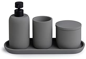 Lifa Living 4-teiliges Badaccessoires Set mit Tablett, Seifenspender, Zahnputzbecher & Behälter mit Deckel, Badzubehör als Deko, in Anthrazit