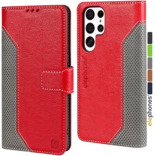 elephones Handyhülle für Samsung Galaxy S22 Ultra Hülle Klappbar [ Kartenfächer mit RFID-Schutz ] [ Standfunktion ] Schutzhülle Flip Case Bookcase PU Leder Cover Kompatibel mit S22 Ultra 5G - Rot
