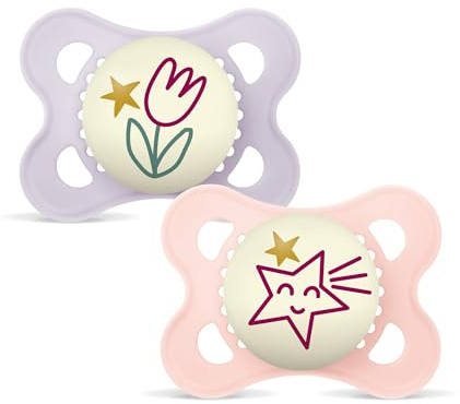 MAM Chupete que Brilla en la Oscuridad, 2-6 Meses, con Tetina Simétrica, Plana y Flexible de Silicona de Fácil Aceptación, con Caja Autoesterilizadora, MAM Original, Rosa Mate, Pack de 2uds, Noche