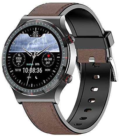 Knauermann Pro 2 (2023) Schwarz - Gesundheitsuhr Smartwatch - OSRAM Sensoren - EKG + HRV Funktion - BT Bluetooth - Schlafapnoe - Blutdruck - Wildlederfaserband Braun, 14-24