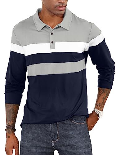Mens Casual Polo Shirts Long Sleeve Contrast Color Shirt Patchwork Tee Color Block Sports Golf Tennis Tops Classic T Shirt Grey 3XL