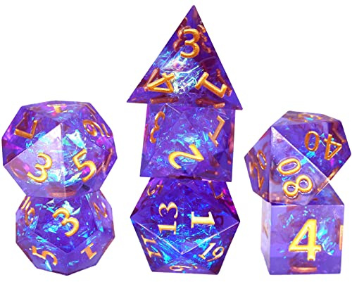 World of Dice - Spacebreaker Purple Blue - handgefertigtes Pen and Paper Würfel Set, 7-teilig, mit Spitzen Kanten und Ecken, für Dungeons and Dragons (DND), Das Schwarze Auge (DSA), Cthulhu, UVM.
