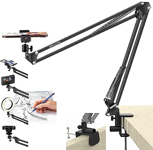 BROLAVIYA Overhead Video Mobile Stand, New Extra long Arm, Large 2 way base clamp,1/4 ball head For Mobile phone, Webcams, Camera,Gopro with Mobile bracket
