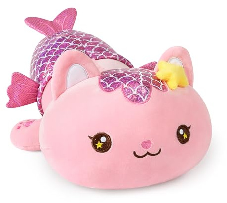 shownicer Meerjungfrau Kuscheltier Cat Plush Katze Plüschkissen Rosa 30cm | Katzen Plüschtiere Glänzendem Fischschwanz Stofftier Dekoration Geschenke für Kinder Erwachsene Freunde