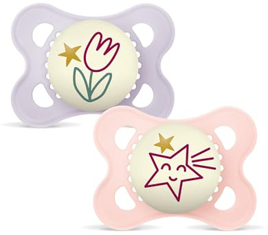 MAM Original Night Succhietto 2-6 Mesi (Set da 2), Ciuccio MAM 2-6 mesi che si illumina al buio con tettarella in silicone, Kit da 2 accessori neonato con porta ciuccio sterilizzatore, Rosa/Lilla