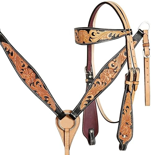 EQUIGEAR Western-Leder-Set mit handgefertigtem Kopfstück und Vorderzeug mit Zügeln. /Size-Full,Cob,Pony AO-0095 (Pony)