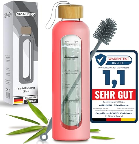 Amalindo Borraccia in Vetro Infrangibile da 1 l - Bottiglia d'Acqua Con Custodia in Silicone e Spazzola (Senza BPA) - Rosa