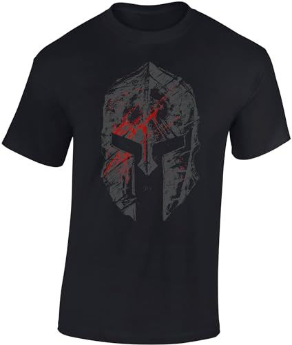 Baddery Herren T-Shirt - „Phalanx Helm“ | Sparta Krieger Motiv - Baumwollshirt Männer Freizeitshirt Streetwear