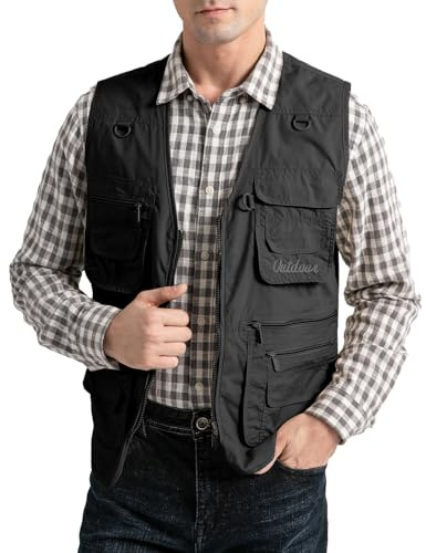 Vanchenl Veste Utilitaire pour Homme Safari Voyage Cargo Outdoor Travail Légère Veste pour la Photographie et la Chasse avec Poches, Noir , M