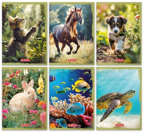 Herlitz® Schulheft A5 32 Blatt breit 70g | Themennotizen Notes für Studium | Notizbuch zum Schreiben für Schüler | zum Erlernen der Kalligraphie | Muster zur Auswahl | Animals mix 6 Hüllen