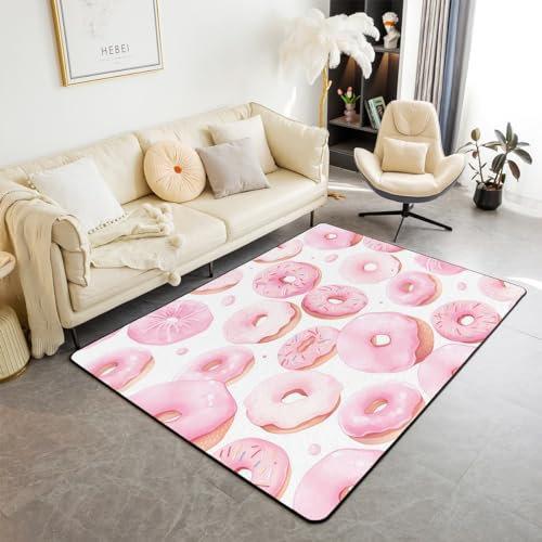 Homewish Tappeto con ciambelle rosa, per bambini, ragazzi e ragazze, tappeto design dessert, 100 x 150 cm, divertente tappetino decorativo per interni, stampa tradizionale americana per colazione e