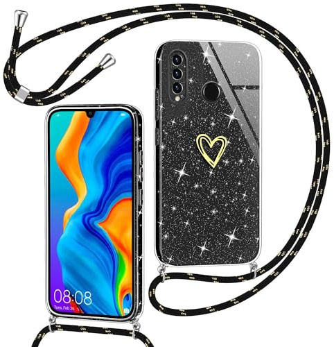 Yichxu Handyband für Huawei P30 Lite Hülle mit Band, Glitzer Herz Silikon Handyhülle Kordel zum Umhängen, Schutzhülle mit Kette TPU Gel Stoßfest Necklace Handy Hülle für Huawei P30 Lite, Schwarz