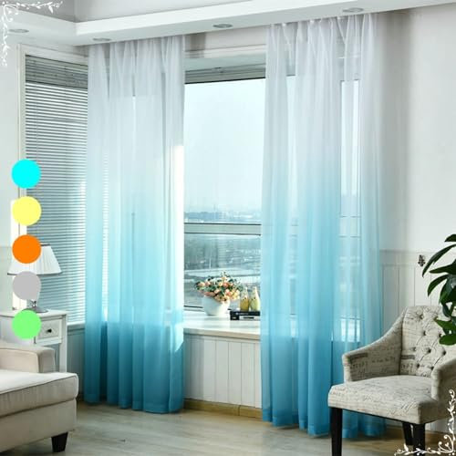 Daesar Vorhänge mit Haken 2er Set, Gardinen Lichtdurchlässig Blau Farbverlauf Modern 132x115CM Vorhänge Halbtransparent Schlafzimmer Wohnzimmer Küche