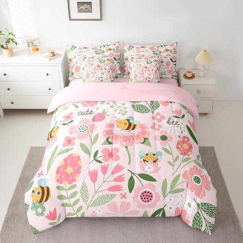 Feelyou Kawaii Bee 7 Piece Bedding Set Full Size Cartoon Bee Comforter Set with Sheets for Kids Boys Girls Cute Leaf Flower Bed in a Bag Animals Floral Printed Bed Set
