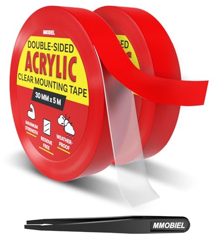 Doppelseitiges Klebeband Acryl [2 Pack] - 5m x 30mm Innen/Außen-Kleber – Hochbelastbares Ablösbar Klare Nano Tape - Foto-Wandklebeband, Heimdekoration, Teppichklebeband, Wasserdichtes - inkl. Pinzette