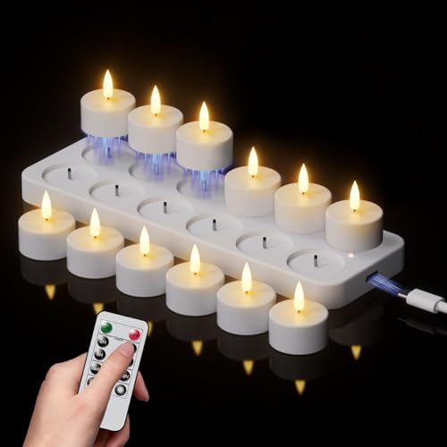 Eldnacele LED Teelichter wiederaufladbar mit Ladestation, Timer, 12er Set | Teelichter mit Timerfunktion, LED Kerzen mit Fernbedienung, flackernde Flamme, elektrische Teelichter, Halloween, Weihnachten