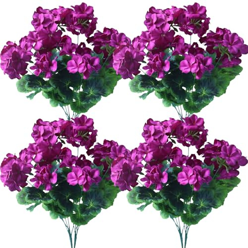 4 flores artificiales para decoración del hogar en interiores y exteriores, geranios falsos, plantas de seda, resistentes a los rayos UV, vegetación sintética para macetas, jarrones, ventanas,