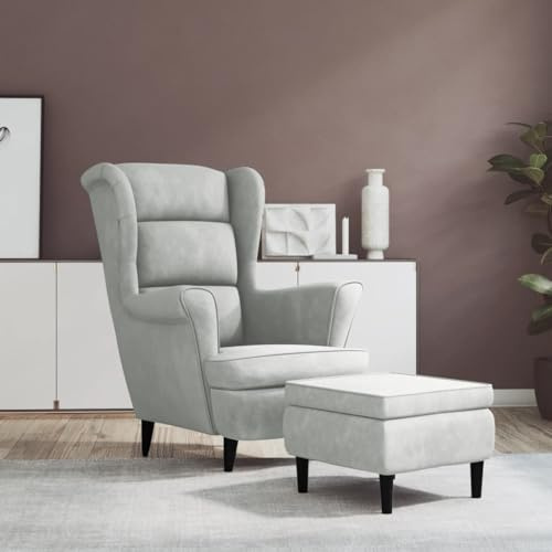 Willood Ohrensessel mit Hocker Sessel Fernsehsessel Relaxsessel Polstersessel für Wohnzimmer mit Hocker Hellgrau Samt
