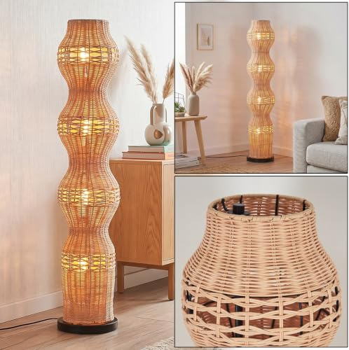 Stehleuchte Cardeira, Stehlampe aus Metall/Rattan in Schwarz/Natur, Leuchte im Retro/Vintage/Boho-Design mit Lichteffekt, Höhe 111cm, E27, Fußschalter - Wohnzimmer, Schlafzimmer, Esszimmer, Flur, Büro
