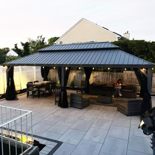 PURPLE LEAF Tonnelle Jardin Extérieur 3,65 x 7,32 m avec Éclairage Intégré | Illumine les soirées, Grande surface spacieuse, Double toit en acier galvanisé, Résistant au vent et à la neige, Gris clair