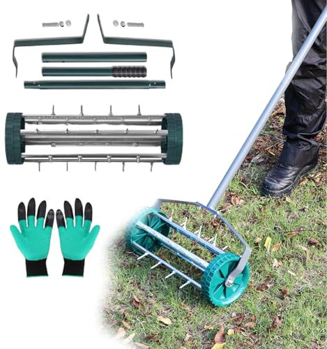 Rolling Lawn Aerator, Manual Grass Spikes Roller, with 58in Detachable Handle, Adjustable Handle & Claw Gardening Gloves, Garden Yard Rotary Spike Lawn Aerator, Heavy Duty Outdoor Garden Lawn Tool