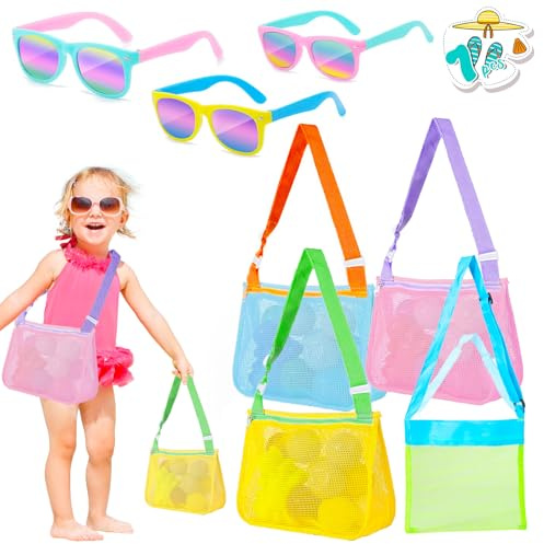4 Stück Sandspielzeug Tasche mit 3 Sonnenbrille Kinder, Verstellbare Strandmuschel Tasche Spielzeugtasche für Unterwegs Netzbeutel Sandspielzeug Muschelsammelbeutel Geeignet für Strand und Pool