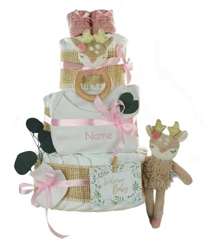 Windeltorte für Baby Mädchen | Greifling und Plüschtier Reh Ella, Body und Babybooties, Personalisierbar (3-stöckig, bedruckt)