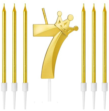 Zwenjuan Geburtstag Kerzen,3D Zahlen Geburtstagskerzen,Anzahl 7 Kerze mit Kronendekor mit 6Pc Langen Kerzen Kerzen Geburtstag,Kerzen Geburtstag Zahl für Kuchen Geburtstag Jahrestag Partys