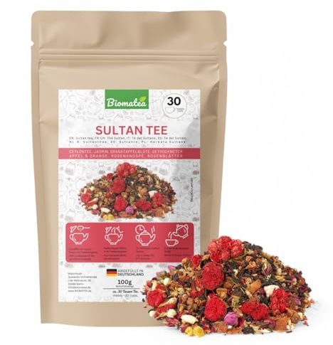 Biomatea 100g Sultan Tee | für 30 Tassen | Blütentee Mischungs-Tee | Ceylontee, Jasmin, Granatapfelblüte, Getrockneter Apfel & Orange, Rosenknospe, Rosenblätter