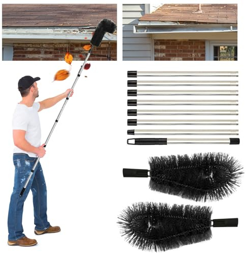 Telescopic Gutter Cleaning Tool, 122 Inch/10FT Gutter Cleaner with Hard & Soft Bristle Brush Head, Detachable Gutter Cleaning Brush, Gutter Cleaner with Telescopic Handle for Cleaning Leaves (Black)