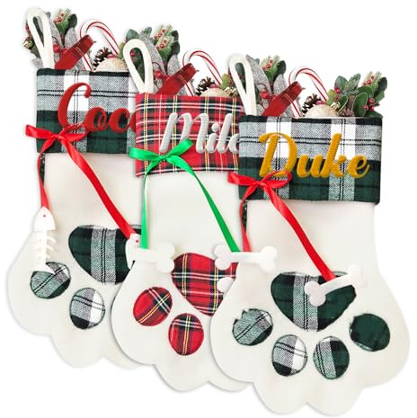 Weihnachtsstrumpf Personalisiert, Nikolausstrumpf mit Namen, Bestickte Hängesocken für Hunde und Katzen, Mit grünem/rotem kariertem Bündchen - Christmas Stocking, für Festliche Anlässe (44x22 cm)