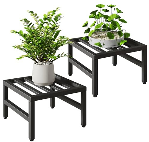 IBUYKE 2 Piezas de Soporte Metálico para Plantas de Interior y Exterior, 30cm Soporte para Macetas Pequeñas, Estante Moderno Cuadrado para Plantas y Flores para Salón Balcón Jardín, Negro TMJ075B-2