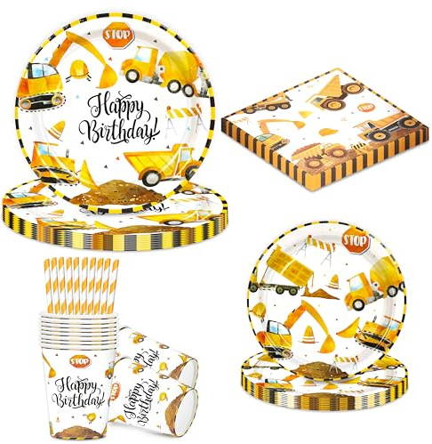 BuyCard Baustelle Deko Set 60-tlg. für 10 Gäste – Bagger Geburtstagsparty | 60-teiliges Partygeschirr für 10 Gäste – Teller, Becher, Servietten im Bagger Design für jede Feier