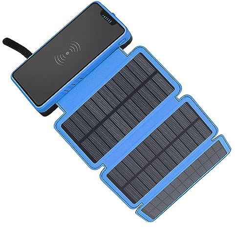 Power Bank solare 20000mAh impermeabile per esterni pieghevole wireless 3 pezzi pannelli solari, blu