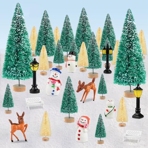 PLULON Lot de 33 Accessoires pour Village de Noël : Mini sapins, Figurines, Ornements, sapins en Brosse, Bonhomme de Neige, cerf, Paysage pour décorations de fêtes d'hiver à la Maison