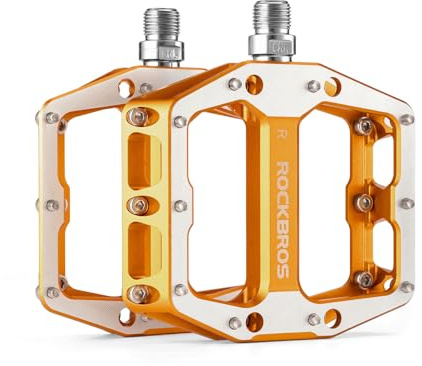 ROCKBROS Pedali per Bicicletta in Lega di Alluminio CNC 9/16, Pedali Flat per Bici MTB con Cuscinetti Sigillati Antiscivolo, Pedale per Bici da Strada Gravel Downhill, Dorato