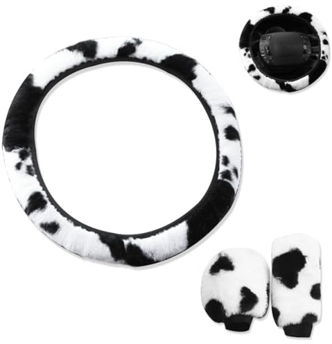 YUPZAR Auto Lenkradbezug Winter 3 in 1 Plüsch Kuhmuster Lenkradbezug Handbremsabdeckung Schalthebelbezug Antirutsch Weich Warm Universal 37-38,5 cm für Frauen Mädchen