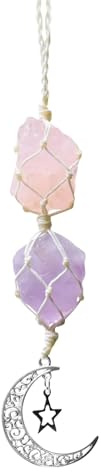 Hanging Crystal Guardian Pendant Ornament for Car, Rose Quartz Amethyst | Purple Crystal Car Mirror Hanging Accessories Crystal Stones Reiki Bohemian Witchy Spiritual Gifts for Women