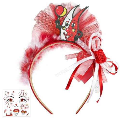 Fasching Haarreif mit Federn & Glitzer & Gesichtstattoo Karneval, Köln Alaaf Clown Kopfschmuck, Glitzer Gesicht Aufkleber Faschingskostüme Damen Accessoires, kölner karneval Rot Weiß Kostüm Zubehör